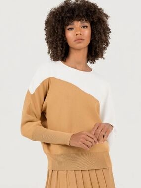 New Aleeza Paris Reisling  Colorblock Crewneck Knit Topin Cream/Tan S